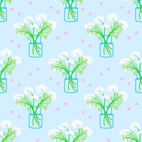 Scandi Vase Baby Sky Blue Mini Bouquet Garden Flowers Retro Modern Mid-Century Line Art MinimaIist Geranium Foliage Green Baby’s Breath Pastel Pink Stars Fun Pretty Grandmillennial Floral Half-Drop Repeat Pattern