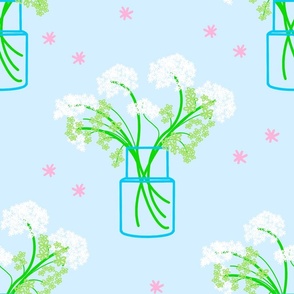 Scandi Vase Baby Sky Blue Bouquet Garden Flowers Retro Modern Mid-Century Line Art MinimaIist Geranium Foliage Green Baby’s Breath Pastel Pink Stars Fun Pretty Grandmillennial Floral Half-Drop Repeat Pattern