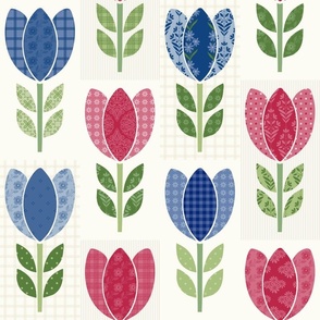 Americana Tulips Red and Blue Patchwork on Cream Patchwork