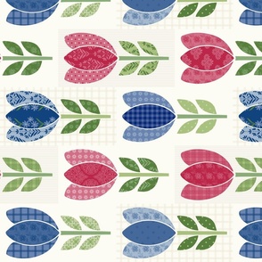 Americana Tulips Red and Blue Patchwork on Cream Patchwork