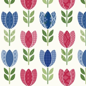 Americana Tulips Red and Blue Patchwork on Solid Cream Vertical Print