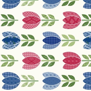 Americana Tulips Red and Blue Patchwork on Solid Cream Horizontal Print