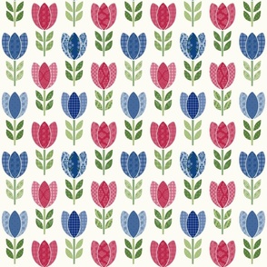 Small Scale Americana Tulips Red and Blue Patchwork on Solid Cream 