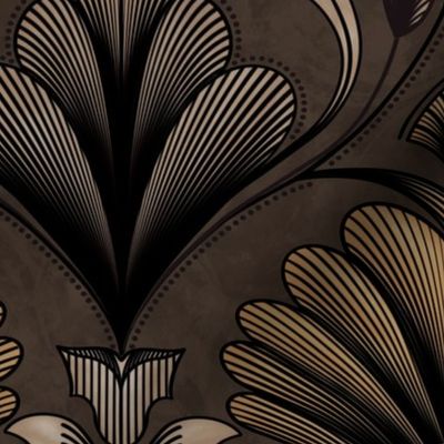 Taupe Brown Modern Opulence - Art Deco Floral Fusion - Golden Florette Fan Flower Palmette with Black Lines and Taupe Brown Textured  Background