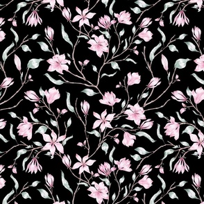 Pink magnolias on branches in Gothic style. Black background. 