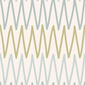 Simple Hand Drawn Geometric Zig Zag Lines in Earthy Boho Colors - (LARGE) - Blue and Green on White Cream
