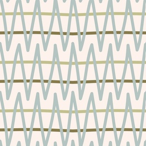 Simple Hand Drawn Geometric Zig Zag Lines in Earthy Boho Colors - (LARGE) - Multi Green and Blue on Eggshell White