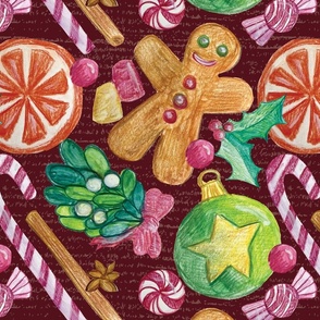 Christmas Treats Hand Drawn Gingerbread, Mistletoe, Orange, Spices, Candies, and Holly with textured Dark Red