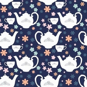 Regency Teapot Teacup Flowers Dark Blue