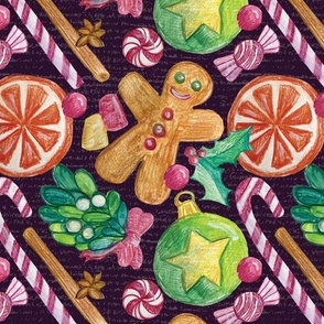 Christmas Treats Hand Drawn Gingerbread, Mistletoe, Orange, Spices, Candies, and Holly with textured Dark Purple