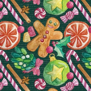 Christmas Treats Hand Drawn Gingerbread, Mistletoe, Orange, Spices, Candies, and Holly with textured Dark Teal Blue background