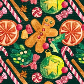 Retro Christmas Treats Hand Drawn Gingerbread, Mistletoe, Orange, Spices, Candies, and Holly 