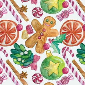 Christmas Treats Hand Drawn Gingerbread, Mistletoe, Orange, Spices, Candies, and Holly with White Background