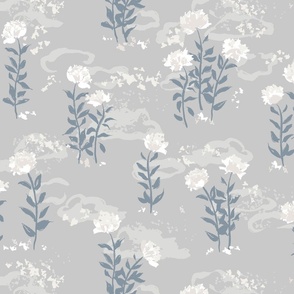 (L) Sweet Dreams – Clouds of Peonies | White and Blue on Calm Neutral Gray | Large Scale