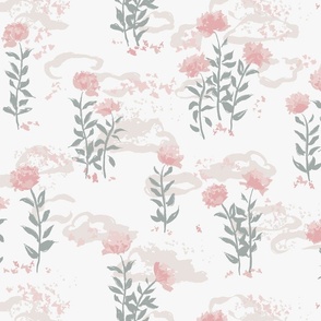 (L) Sweet Dreams – Clouds of Peonies | Soft Pink Green Beige on Quiet White | Large Scale