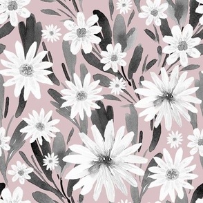 White Daisies, Black Greenery on Dusty Pink, Watercolor Hand Drawn, L