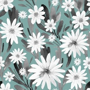 White Daisies, Black Greenery on Turquoise Green, Watercolor Hand Drawn, L