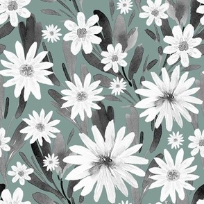 White Daisies, Black Greenery on Grey Green, Watercolor Hand Drawn, L