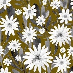 White Daisies, Black Greenery on Mustard Gold, Watercolor Hand Drawn, L