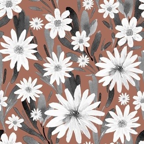 White Daisies, Black Greenery on Pastel Brown, Watercolor Hand Drawn, L