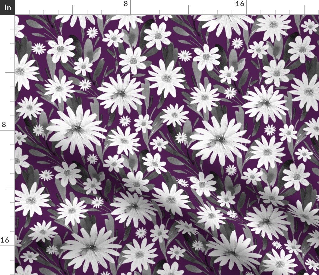 White Daisies, Black Greenery on Dark Purple, Watercolor Hand Drawn, L