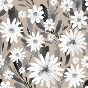 White Daisies, Black Greenery on Taupe, Watercolor Hand Drawn, L