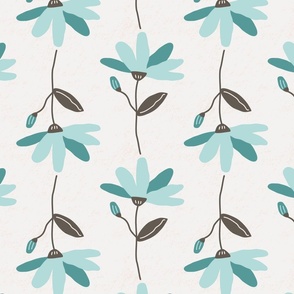 Large / Hand Drawn Flowers in Blue with Brown Stems and Leaves on Textured Backdrop