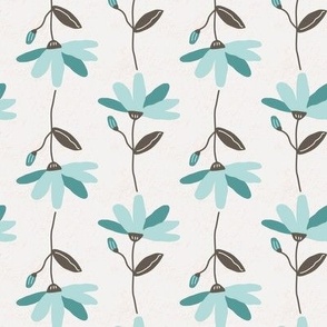 Medium / Hand Drawn Flowers in Blue with Brown Stems and Leaves on Textured Backdrop