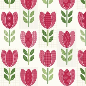 Red Tulips Patchwork on Cream Patchwork