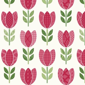 Red Tulips Patchwork on Solid Cream 