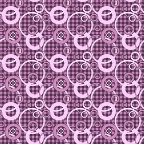 lilac pink circles and rings on checkered background 