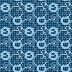 blue circles and rings on a checkered background 