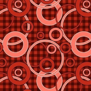 red coral circles and rings on checkered background 