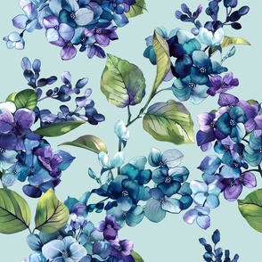 Hydrangea Sea Foam Blue purple sage botanical XL romantic floral decor design