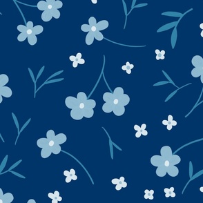 Icy Blue Wildflower Pattern - Hand-drawn Monochromatic Botanical Art Fabric