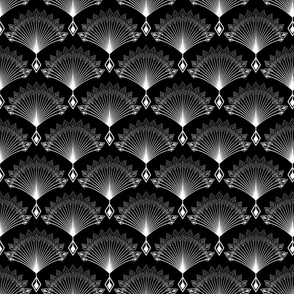 Elegant pattern in art deco style. White, gray ornament on a black background.87 45