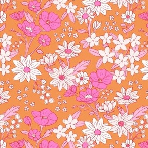 Summer blossom wildflowers meadow with daisies buttercup gardenia and juniper bright girls palette pink on orange 