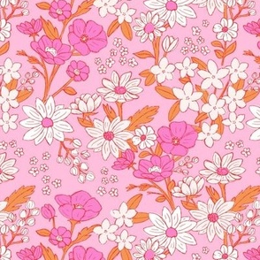 Summer blossom wildflowers meadow with daisies buttercup gardenia and juniper bright girls palette pink orange on pink blush 