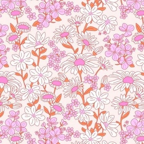 Romantic wildflowers summer - English garden with daisies and poppies and violet flowers in girls palette pink orange on ivory white