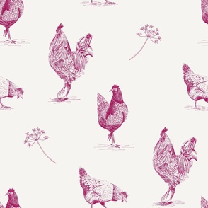 (L) Chickens and rooster toile de jouy  pink on white