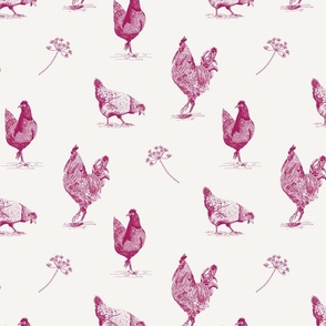 (M) Chickens and rooster toile de jouy  pink on white