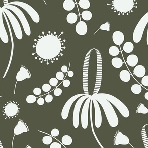 Australian flora banksia, eucalyptus and blossoms green and white Large Scale wallpaper