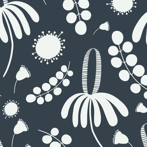 Australian flora banksia, eucalyptus and blossoms Navy and white Large Scale wallpaper