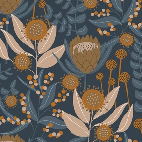Australian flora - Earth tones - blossoms - Protea - Mustard, Navy blue and tan large scale wallpaper