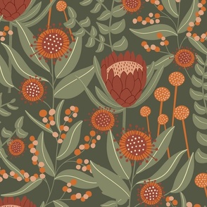 Australian flora - Earth tones - blossoms - Protea - Green brown and redwood large scale wallpaper