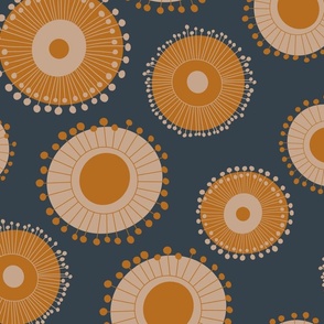 Australian flora blossoms earthy brown and orange on navy Large Scale Wallpaper