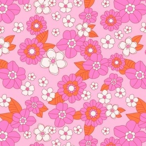 Seventies vintage flower power blossom summer garden pink orange on blush pink 