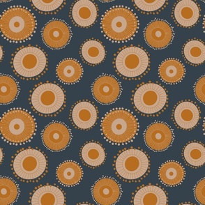 Australian flora blossoms earthy brown and orange on navy fabric
