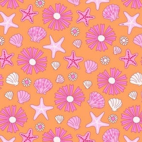 Sea shells starfish flower power retro summer mermaid design girls pink on orange