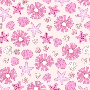 Sea shells starfish flower power retro summer mermaid design girls pink on ivory 